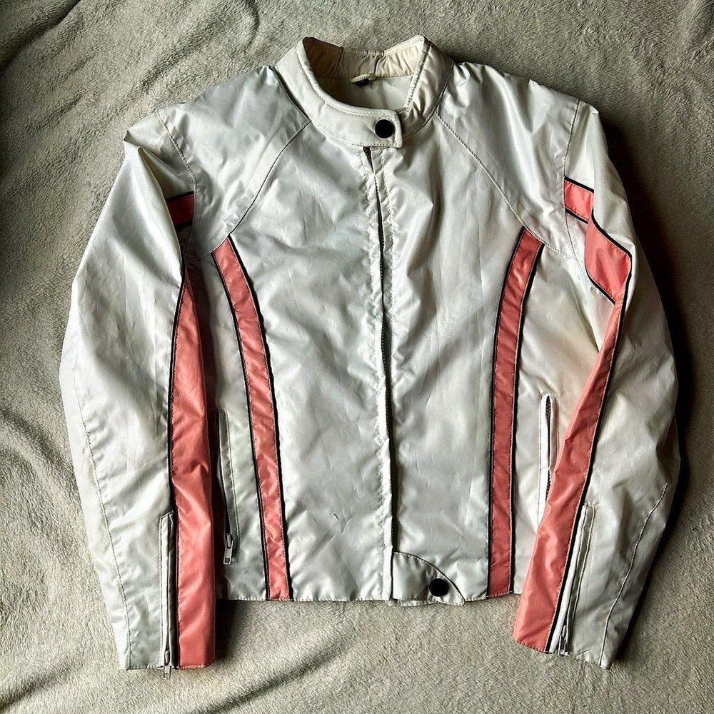 pink and white biker jacket